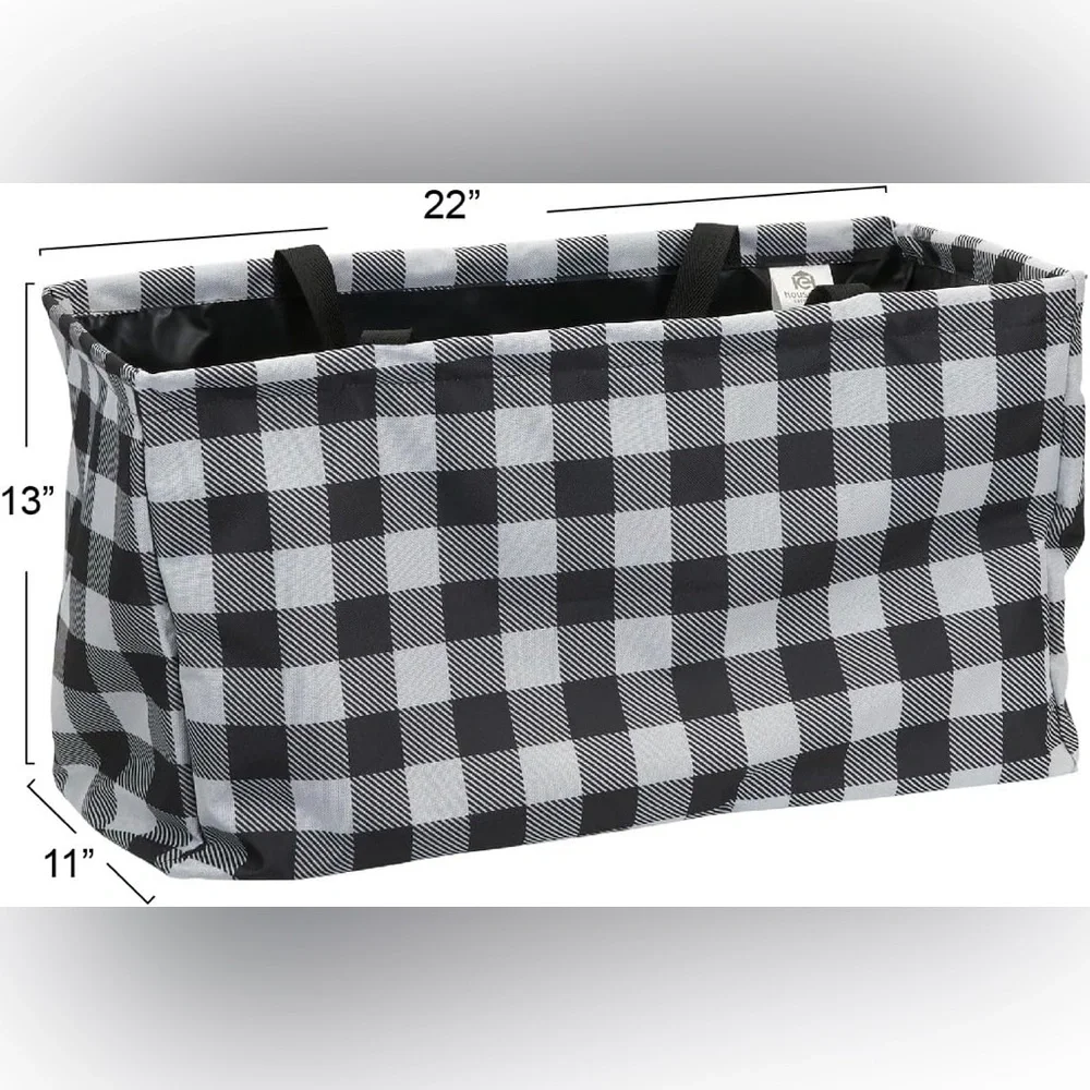 Household Essentials Utility Tote Bag‎ Large Black White Checkered Plaid NWT